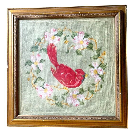 Vintage Finished Needlepoint Picture Cardinal Floral Gold Square Frame Artwork - Picture 1 of 3